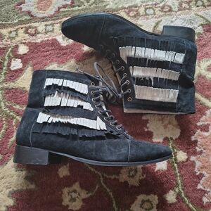 Vintage 1980s Black + White Fringed Suede Ankle Lace Up Boots 38